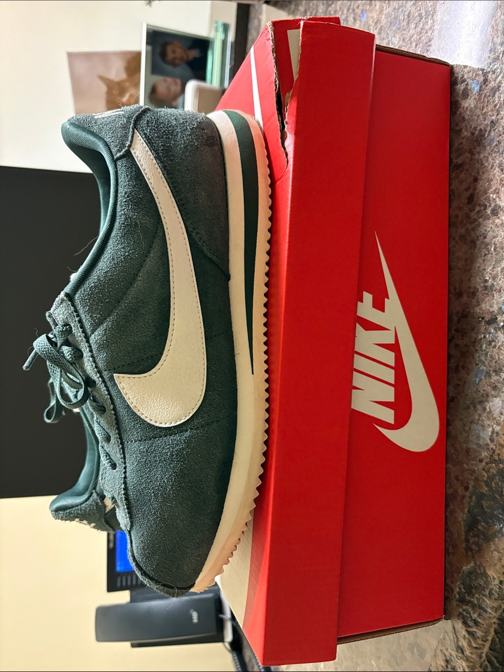 Nike Kids Dark Green Suede Sneakers with White Swoosh